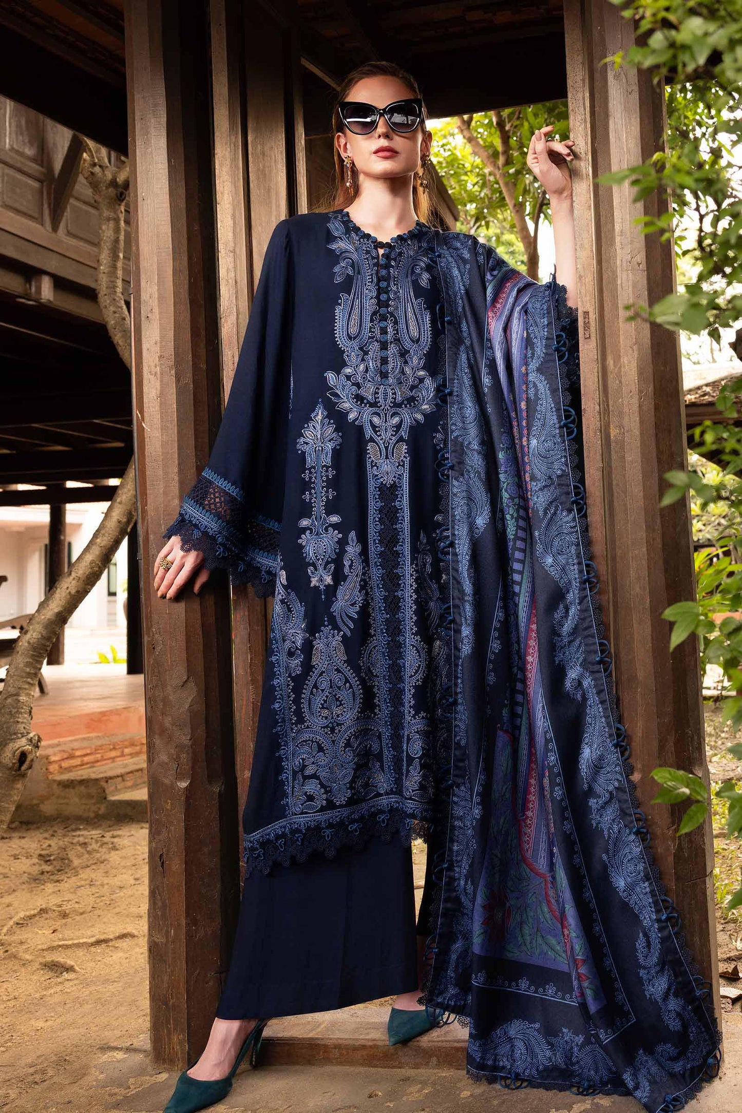 3 Piece Unstitched Embroidered Twill Linen Suit - SI-F-48
