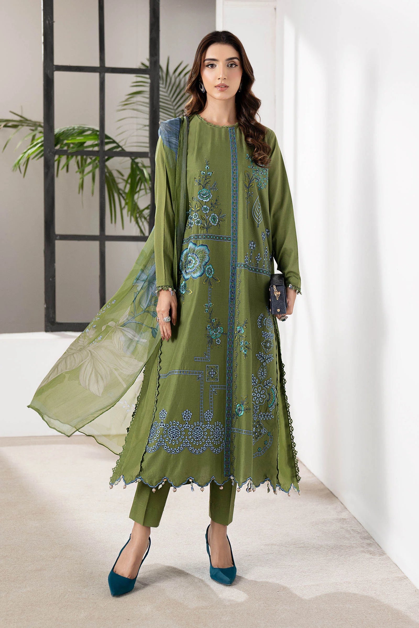 3-Piece Embroidered Lawn Dress in mint green color with printed Chiffon Dupatta - SI-F-40