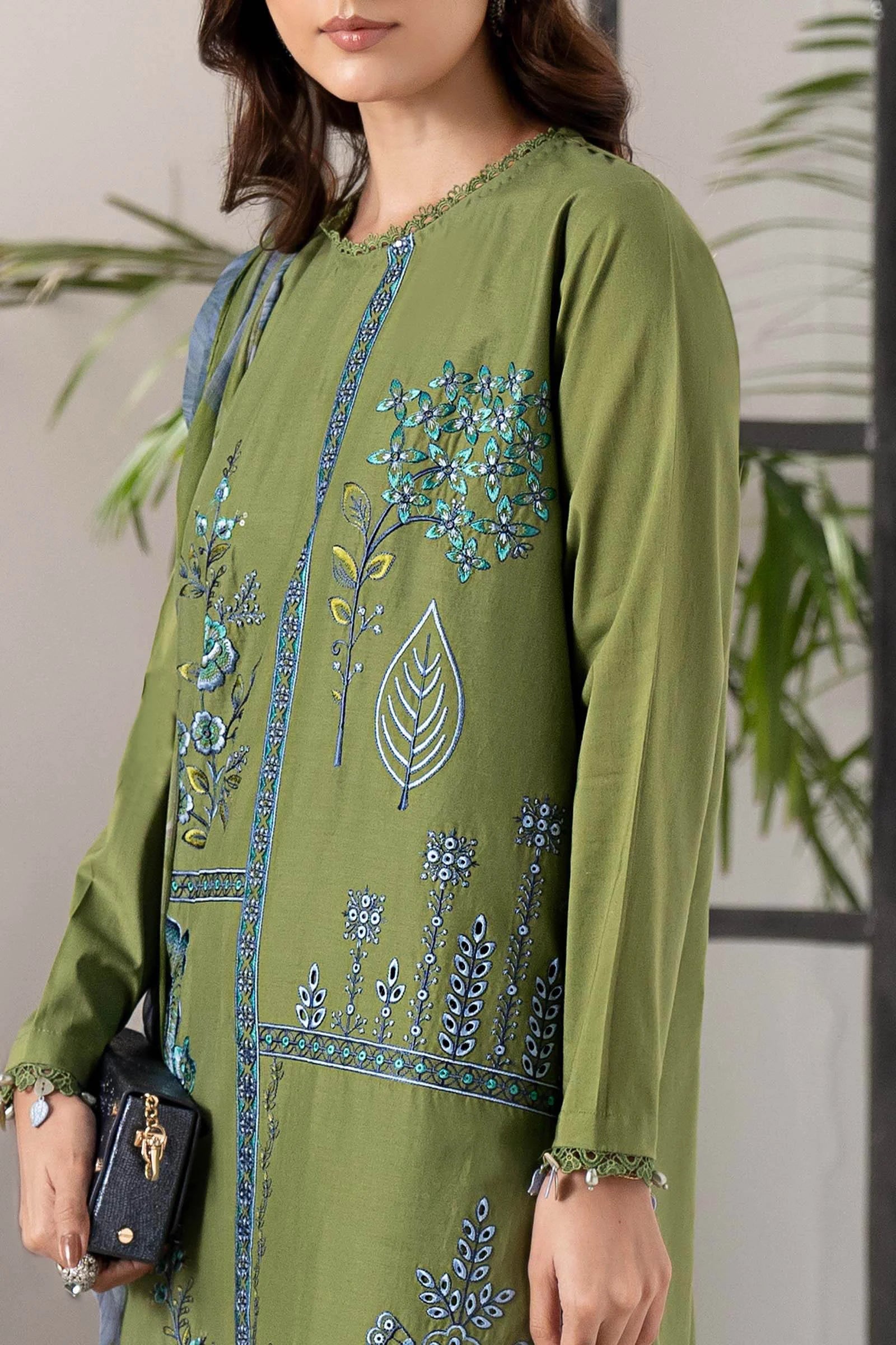 3-Piece Embroidered Lawn Dress in mint green color with printed Chiffon Dupatta - SI-F-40