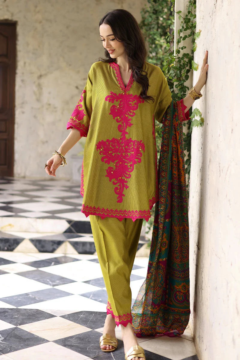 Leafy Green Embroidered Lawn Outift with Printed Chiffon Dupatta | 3-Piece- SI-F-41
