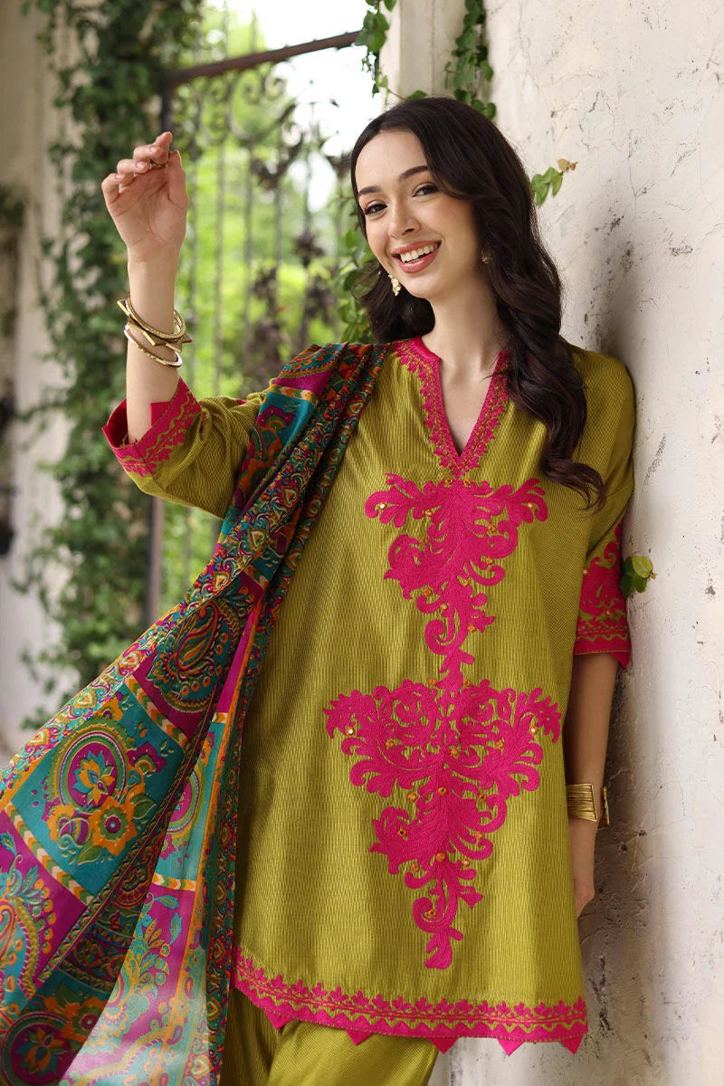 Leafy Green Embroidered Lawn Outift with Printed Chiffon Dupatta | 3-Piece- SI-F-41