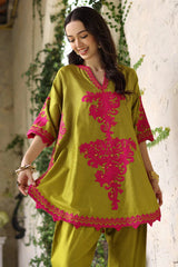 Leafy Green Embroidered Lawn Outift with Printed Chiffon Dupatta | 3-Piece- SI-F-41