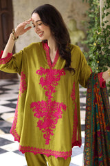 Leafy Green Embroidered Lawn Outift with Printed Chiffon Dupatta | 3-Piece- SI-F-41
