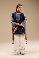 JAZMIN - 3PC DHANAK EMBROIDERED SHIRT WITH TWILL PRINTED SHAWL AND TROUSER - SI-F-47