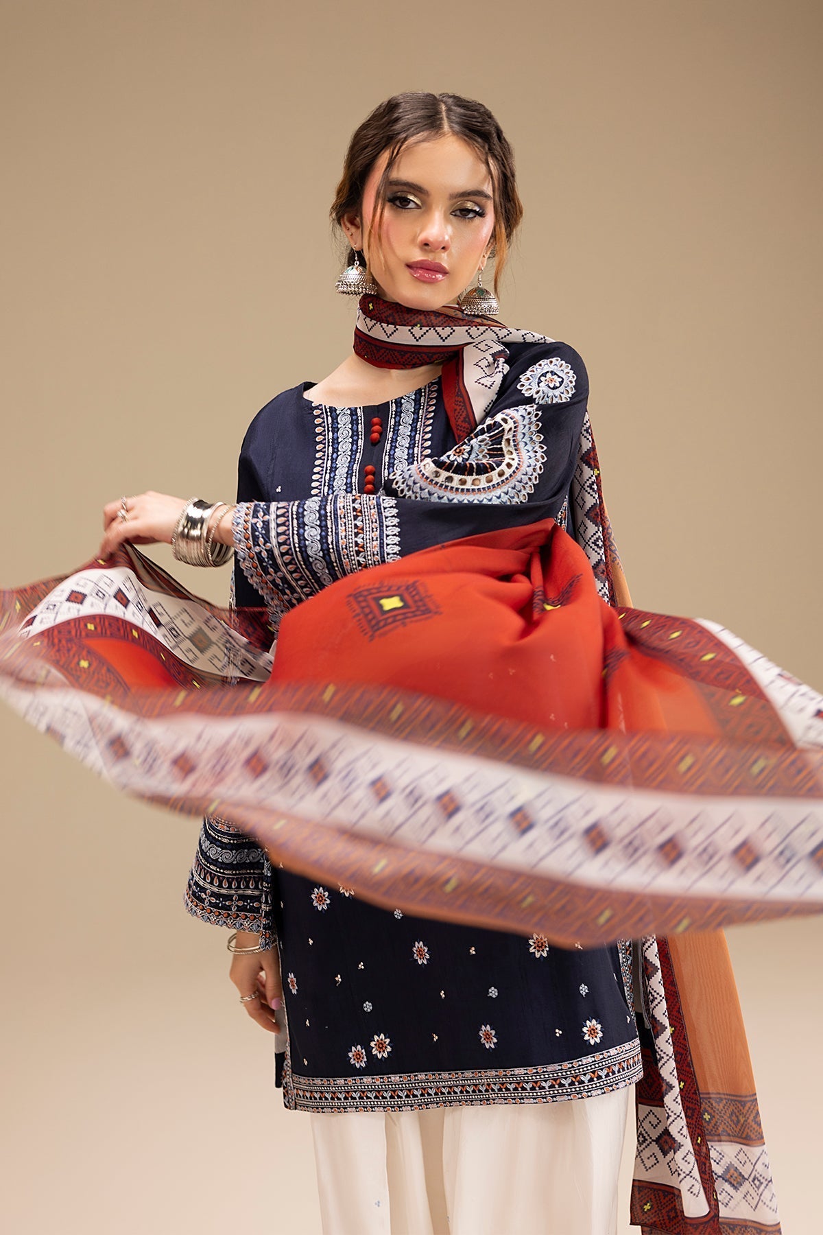 JAZMIN - 3PC DHANAK EMBROIDERED SHIRT WITH TWILL PRINTED SHAWL AND TROUSER - SI-F-47