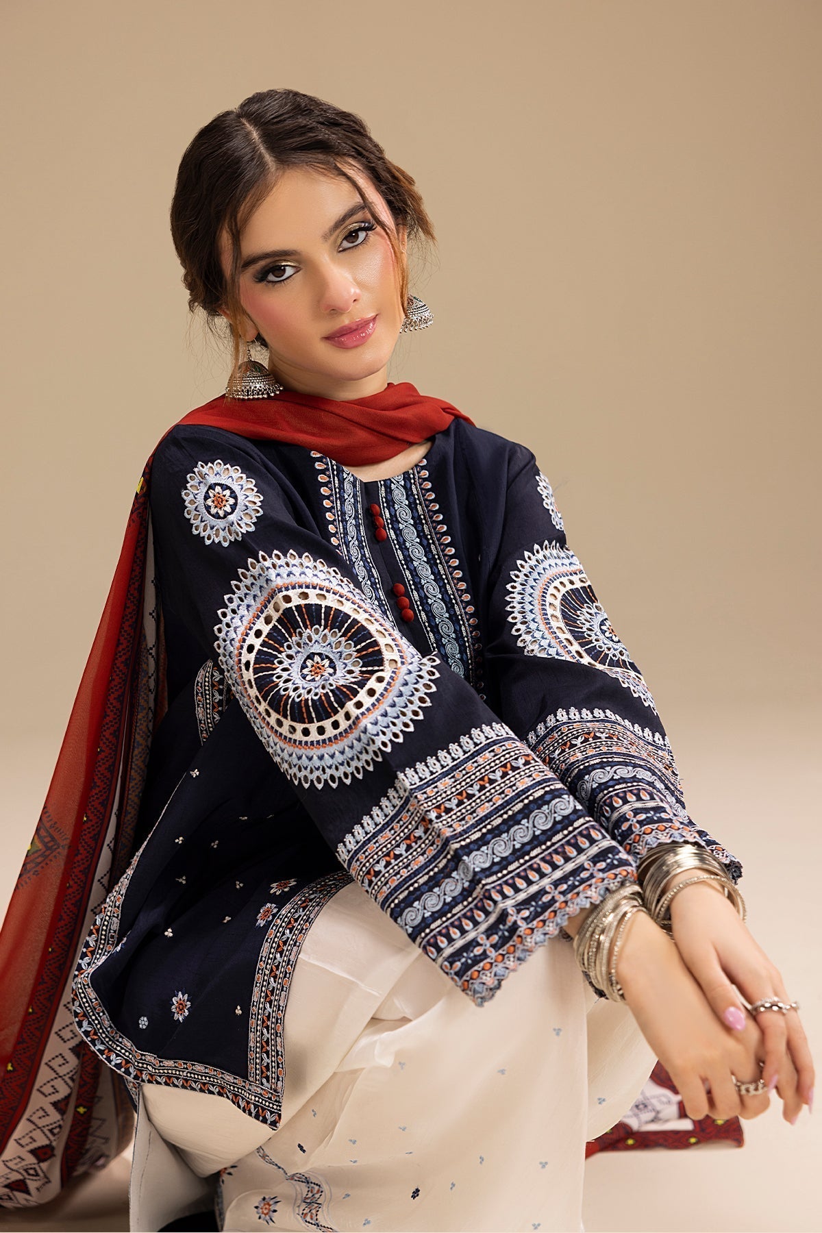 JAZMIN - 3PC DHANAK EMBROIDERED SHIRT WITH TWILL PRINTED SHAWL AND TROUSER - SI-F-47