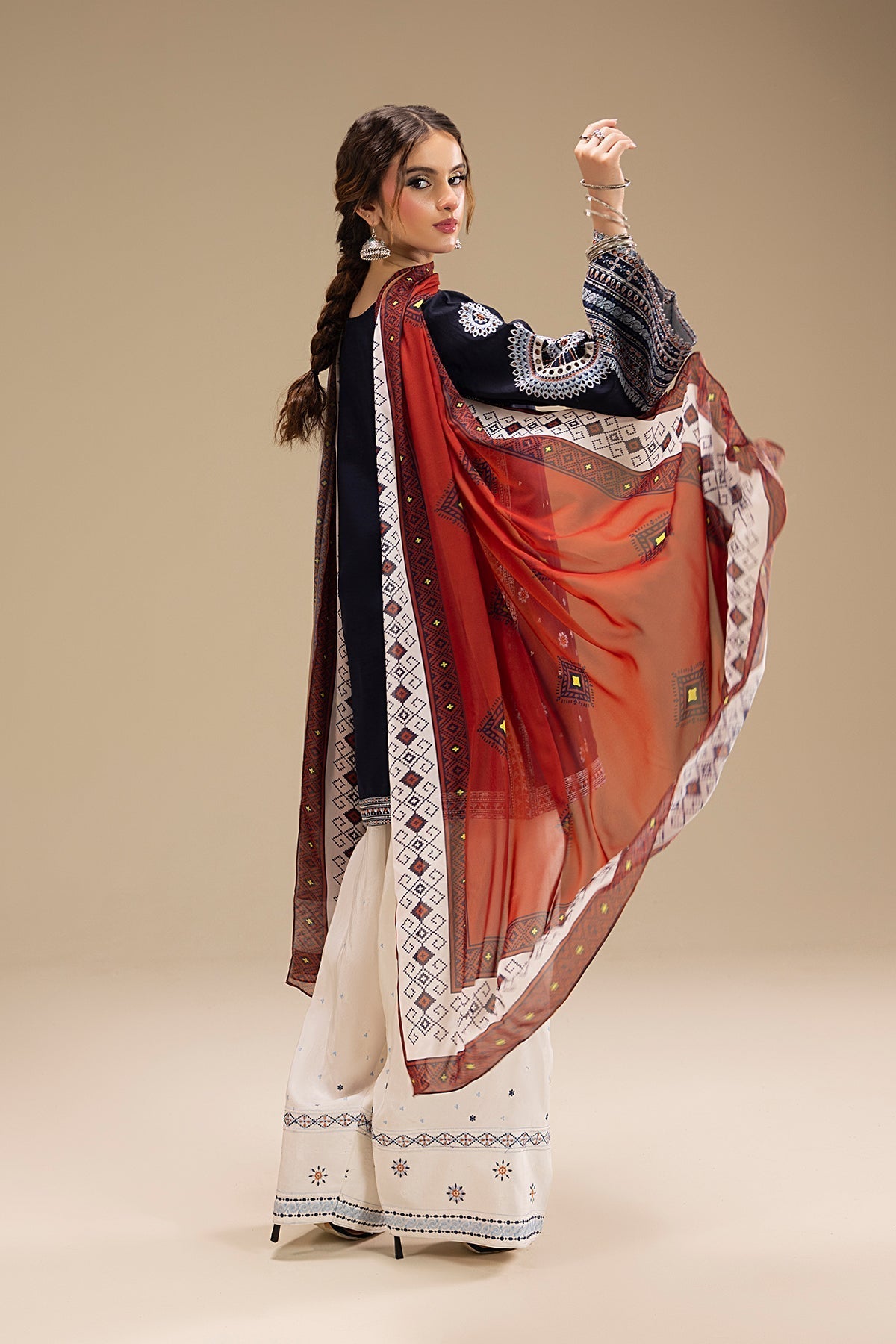 JAZMIN - 3PC DHANAK EMBROIDERED SHIRT WITH TWILL PRINTED SHAWL AND TROUSER - SI-F-47