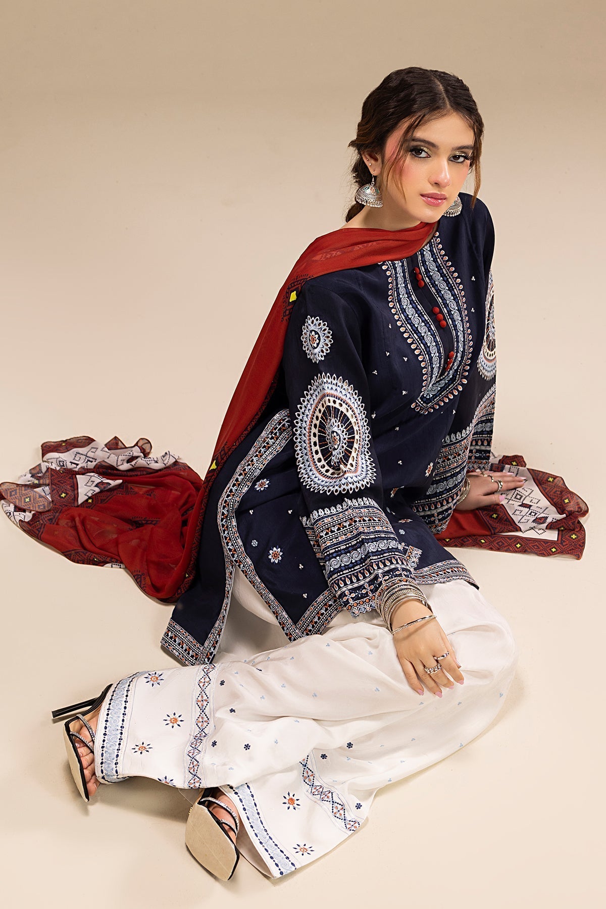 JAZMIN - 3PC DHANAK EMBROIDERED SHIRT WITH TWILL PRINTED SHAWL AND TROUSER - SI-F-47